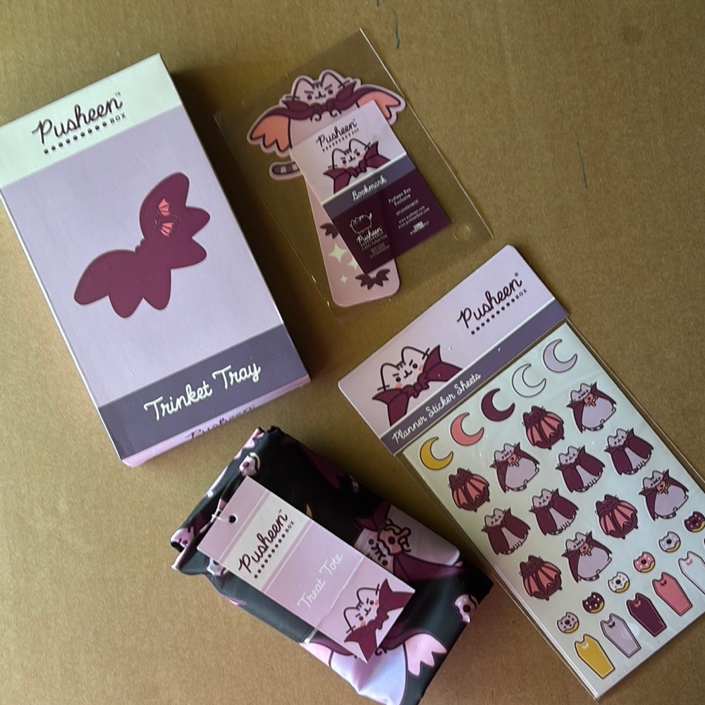 Pusheen Trinket Tray, treat tote, bookmark and Sticker Set